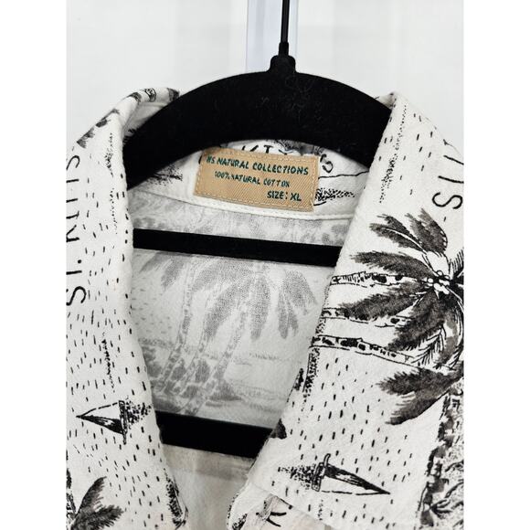 Vintage St Kitts Mens Sz XL Short Sleeve Button Up Collared Shirt White Black - Picture 3 of 4